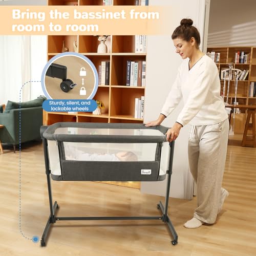 Li’l Pengyu Baby Bassinet Bedside Sleeper - Adjustable Crib All Mesh - Gray - Like New
