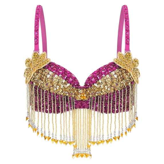 OYOLAN WOMENS SPARKLY SEQUINS BELLY DANCE TOPS BEADED BRA - 36/80 - HOT PINK - Like New