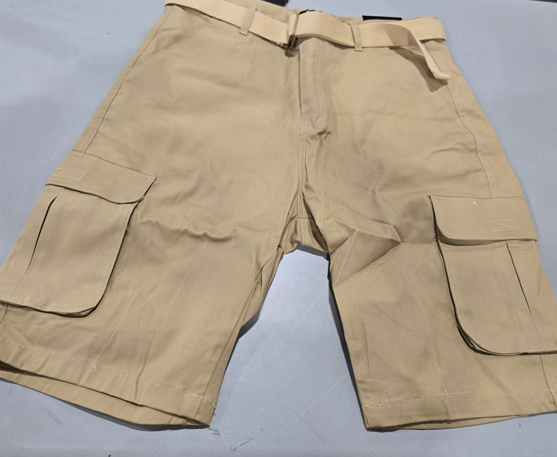BLU ROCK NEW YORK MEN SLIM FIT STRETCH BELTED CARGO SHORTS - SIZE: 38 - KHAKI - Brand New
