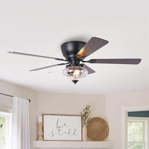 PARROT UNCLE F6386-PU RUSTIC LOW PROFILE CEILING FAN CHANDELIER LIGHT - BLACK - Like New