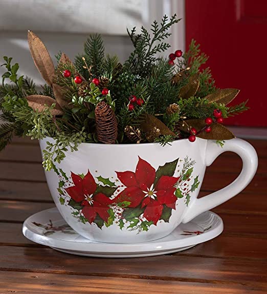 801946228967 WIND & WEATHER TEA CUP PLANTER & SAUCER POINSETTIA Like New