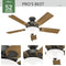 HUNTER PRO'S ENERGY STAR 52-IN NOBLE BRONZE  CEILING FAN LIGHT 5 -BLADE - WALNUT - Like New