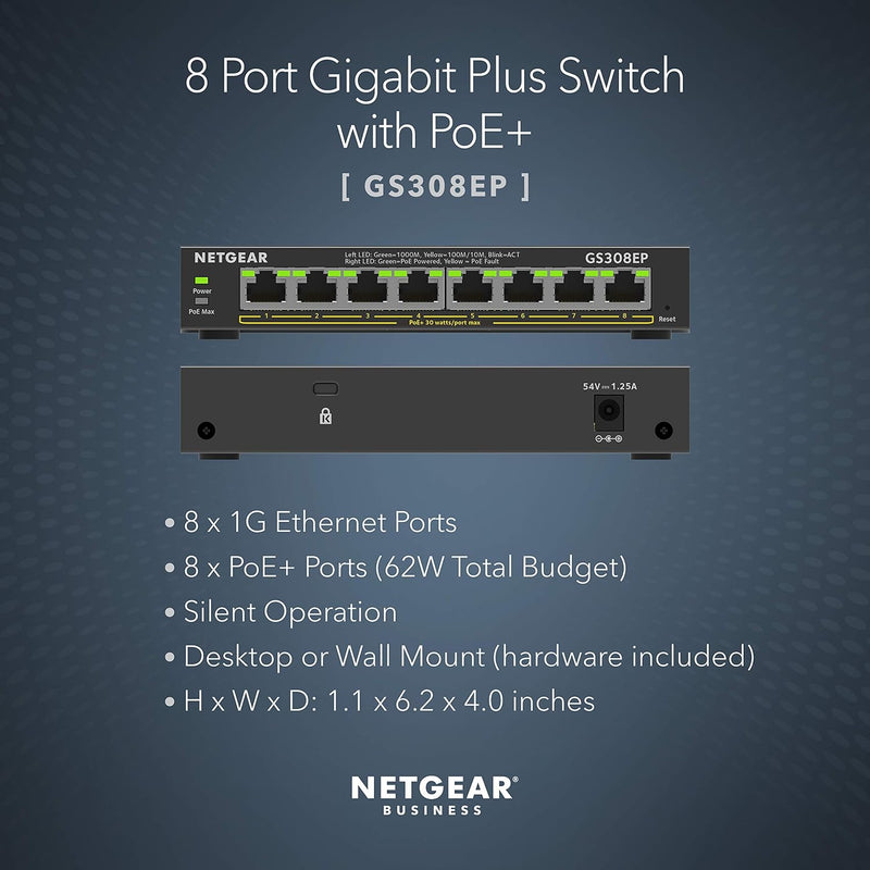 NETGEAR 8 PORT POE GIGABIT ETHERNET PLUS SWITCH - BLACK Like New