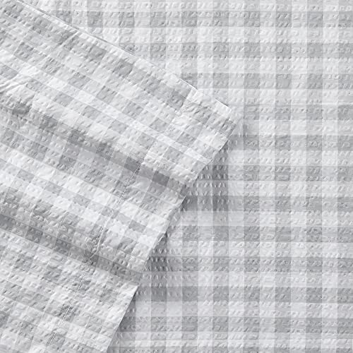 SHAVEL HOME PRODUCTS SEERSUCKER SHEET SET KING GINGHAM GRAY - WHITE/GRAY - Brand New