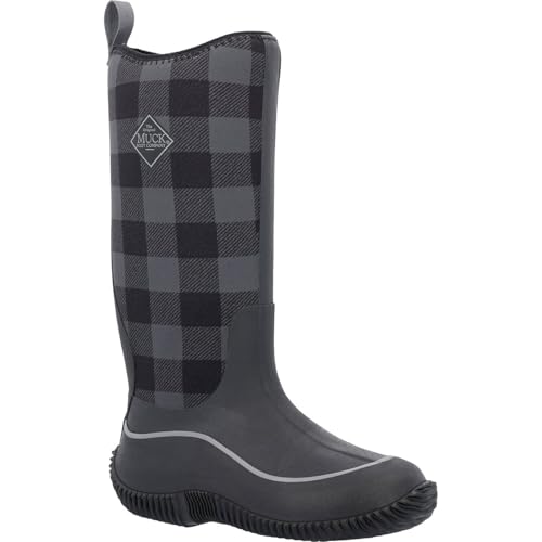 MUCK HALE WATERPROOF WOMEN'S TALL WELLINGTON BOOTS - BLACK/GRAY PLAID - SIZE 9 - Like New