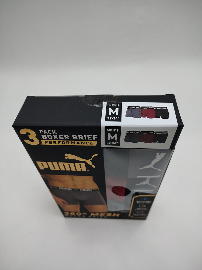 PUMA 3 PACK BOXER BRIEF PERFORMANCE 360 MESH DRYCELL - SIZE: M - RED/BLACK/GRAY - Brand New