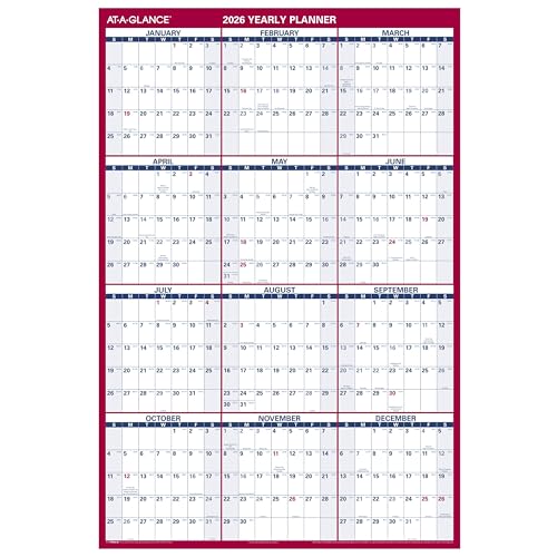 AT-A-GLANCE 2026 ERASABLE CALENDAR DRY ERASE WALL PLANNER 48" X 32" - RED/WHITE - Like New