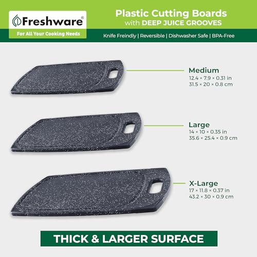 FRESHWARE PLASTIC CUTTING BOARD SET OF 3 JUICE GROOVES BC-330BK - BLACK MARBLE - Brand New