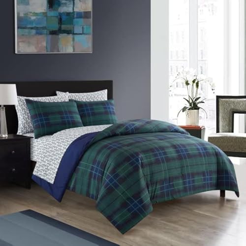Dearfoams 7 Piece Super Soft Bed in a Bag Bedding Set Blue Tartan King - Like New