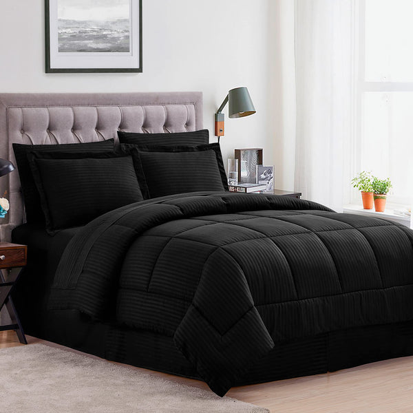 SWEET HOME COLLECTION QUEEN COMFORTER SET 8 PIECE BAG 8PC-CMF-BIB-Q-BLK - BLACK - Like New