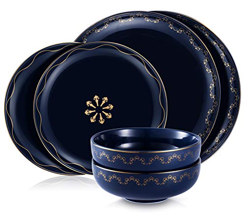 M-MAX Dinnerware Set Ceramic Plates and Bowls Sets 6 Pcs, Blue Service - Blue - Like New