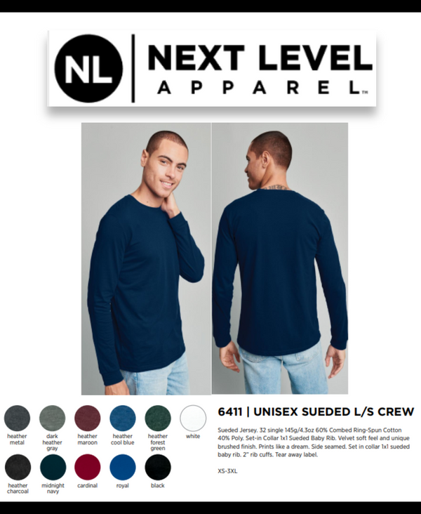 6411 Next Level Apparel Unisex Sueded Long-Sleeve Crew New