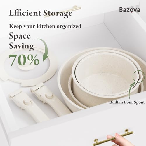 BAZOVA BZ101 CERAMIC NONSTICK COOKWARE SET, 17-PIECES, REMOVABLE HANDLES - WHITE - Like New