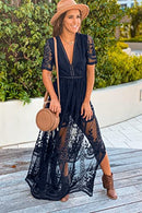 LRISES WOMENS V NECK FLORAL EMBROIDERED LACE WEDDING DRESS, SIZE L, NAVY BLUE - Like New