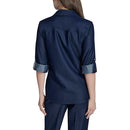 H5CD3CBV HALSTON WOMEN'S ROLL-TAB SLEEVE DENIM-LIKE COLLARED TOP DARK BLUE L - Like New