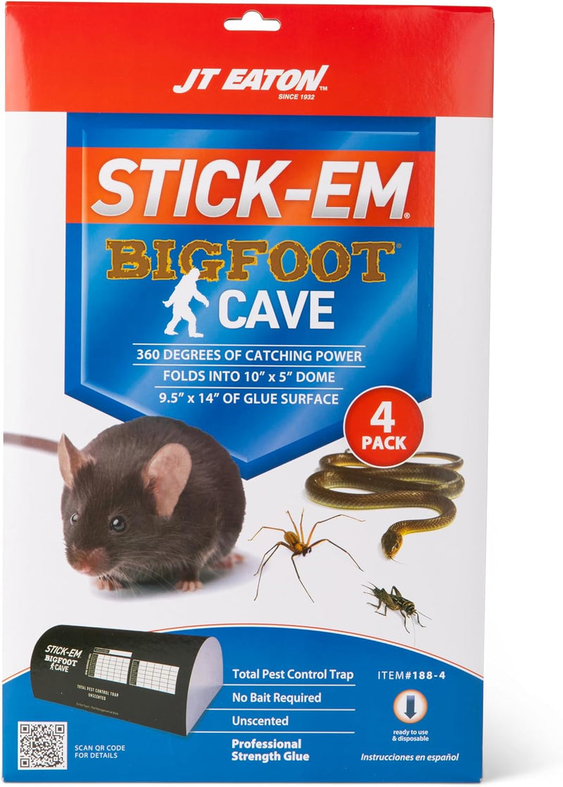 JT EATON STICK-EM BIGFOOT CAVE GLUE TRAP FOR RODENTS, SNAKES 16" X 10" 4PK - Brand New