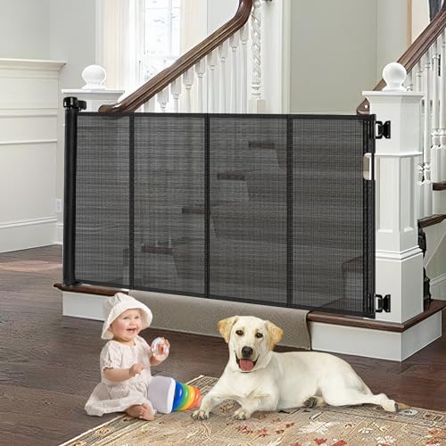 BINGGUZ REINFORCED RETRACTABLE BABY GATE FOR STAIRS WITH SUPPORT RODS - BLACK - Like New