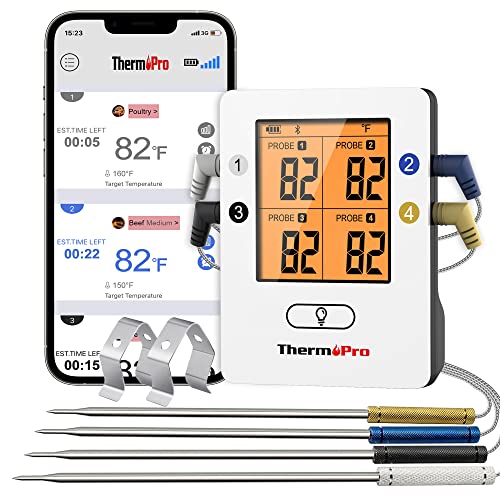 THERMOPRO TP25 650FT WIRELESS MEAT THERMOMETER WITH 4 PROBES BLUETOOTH - WHITE - Brand New