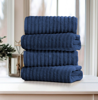 BIBB HOME, SET OF 4 STRIPED BORDER BATH TOWELS, 100% COTTON - DEEP BLUE - Brand New
