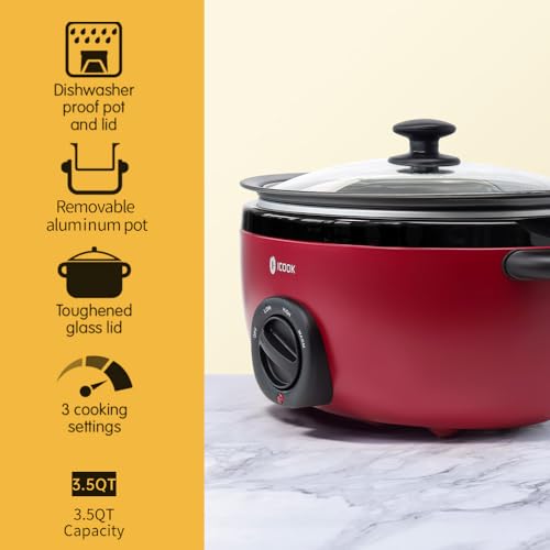 ICOOK USC-35-OP001RD 3.5 Quart Slow Cooker, Aluminium, Glass Lid - Red Like New