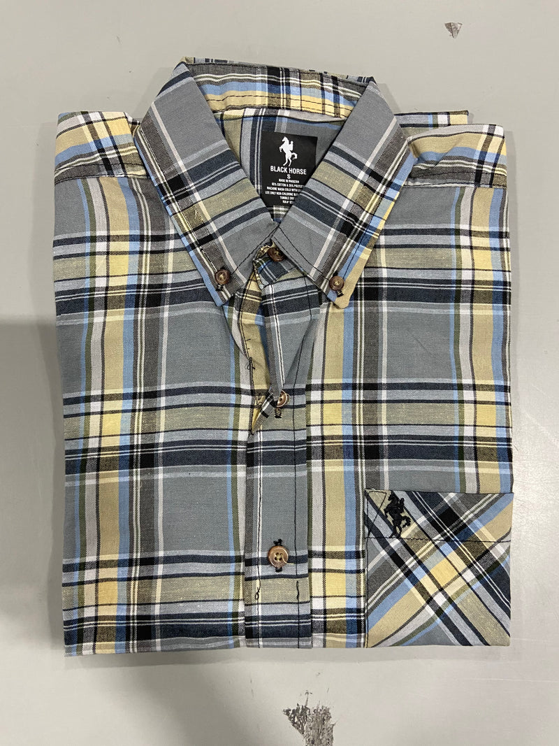 BLACK HORSE MEN'S WOVEN PLAID SHIRT - SMALL - GRAY/BLACK/LIGHT BLUE/YELLOW/WHITE - Brand New
