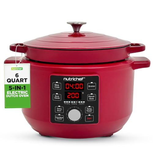 NUTRICHEF 6 QUART ELECTRIC DUTCH OVEN 1500W 5-IN-1, NCZTS60DR - RED - Like New