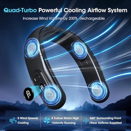 OLV RECHARGEABLE 4 TURBO 6000MAH PORTABLE NECK FAN - 360 AIRFLOW - BLACK - Like New