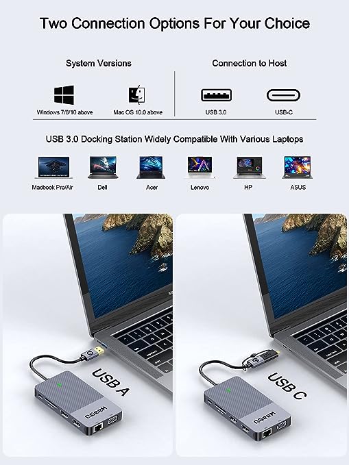 QGeeM USB 3.0 Docking Station Triple Display USB C Laptop D3908-QGEEM - Grey Like New