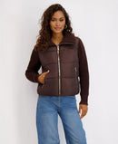 KENSIE WOMEN'S MIXED MEDIA SHORT PUFFER WITH KNIT SLEEVES - SIZE: L - CHOCOLATE - Brand New