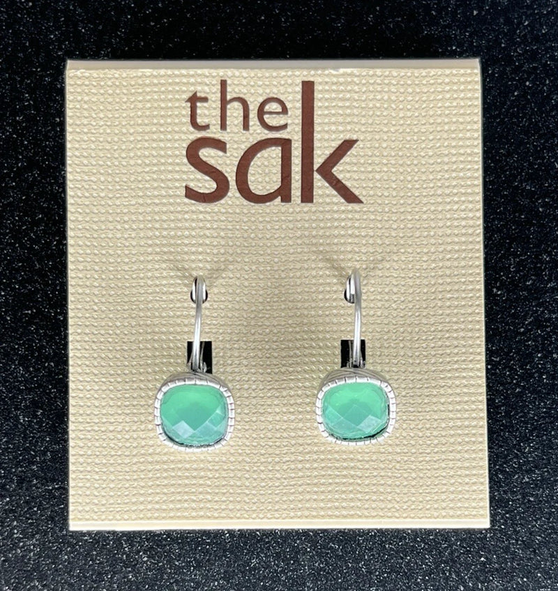 THE SAK CUSHION STONE LEVERBACK DANGLE EARRINGS NWT WOMENS - SILVER & AQUA - Like New