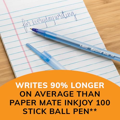 BIC ROUND STIC BALLPOINT PENS, MEDIUM POINT, 1.0 MM, TRANSLUCENT BARREL,12PK - Brand New