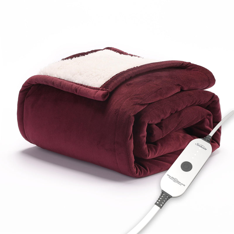 SUNBEAM ROYAL MINK SHERPA HEATED PERSONAL THROW BLANKET - CABERNET - NEW - Like New