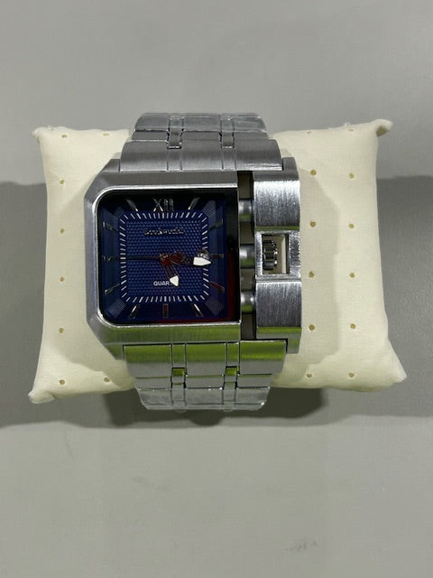 LOOKWORLD ELEGANT MEN'S QUARTZ WATCH WITH LARGE SQUARE DIAL, BLUE FACE - SILVER - Like New
