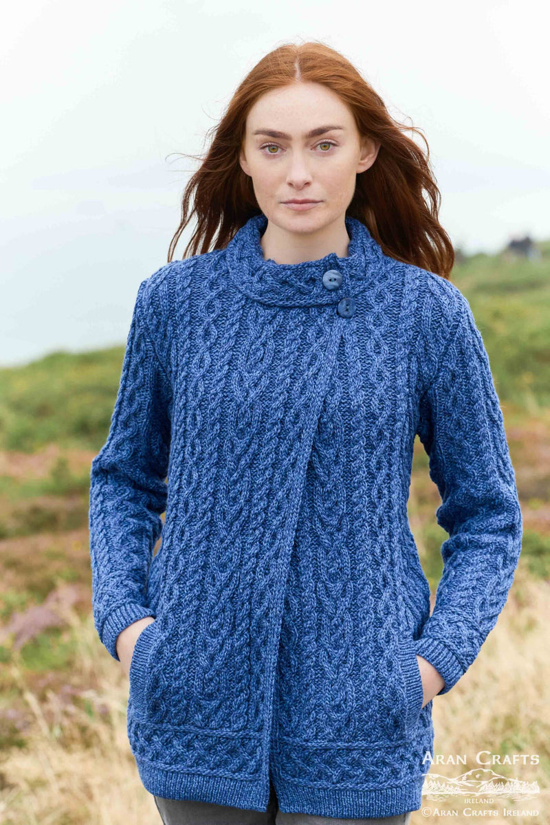 ARAN CRAFTS MERINO WOOL SWEATER CARDIGAN WITH BUTTON CLOSURE - SIZE: L - BLUE - Like New