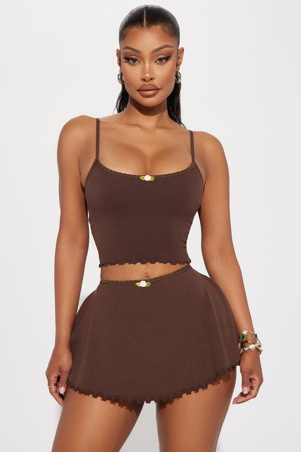 FASHION NOVA PRETTY GIRL SKIRT SET - CHOCOLATE - SIZE: WOMEN S - CHOCOLATE - Brand New