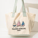 FRASIER STERLING SPORT SAIL BOATS TOTE BAG - COTTON CANVAS HANDBAG - CREAM/MINT - Brand New