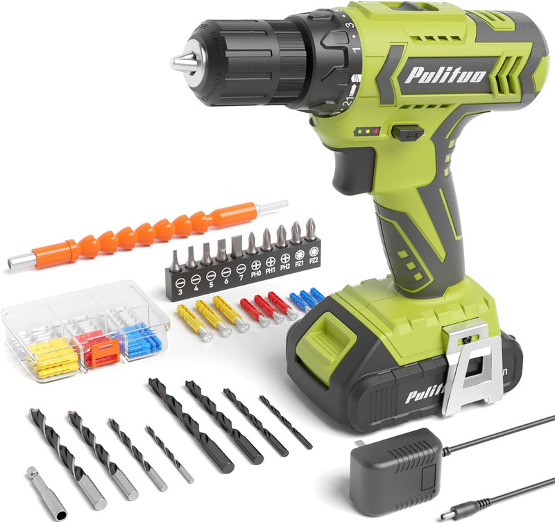 PULITUO Cordless Drill Set 20V Electric w/ Battery & Charger DC-7120S - Green Like New