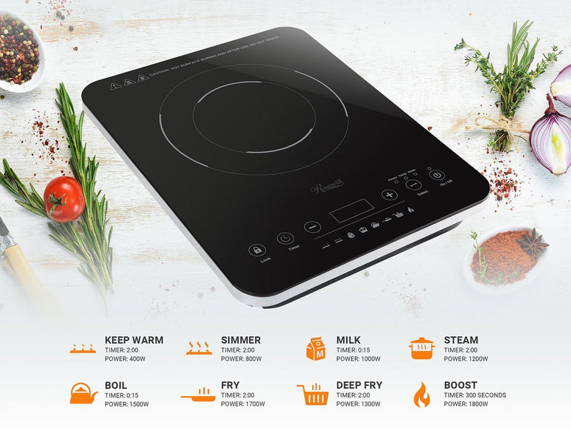 Rosewill 1800W Electric Induction Cooktop | 8 Cooking Modes, 10 Power/Temp