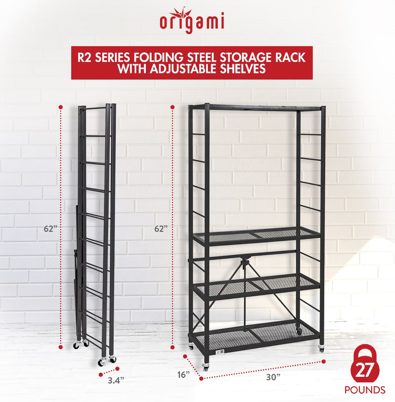 ORIGAMI R2 SERIES FOLDING STEEL STORAGE RACK WITH ADJUSTABLE SHELVES - BLACK - Like New