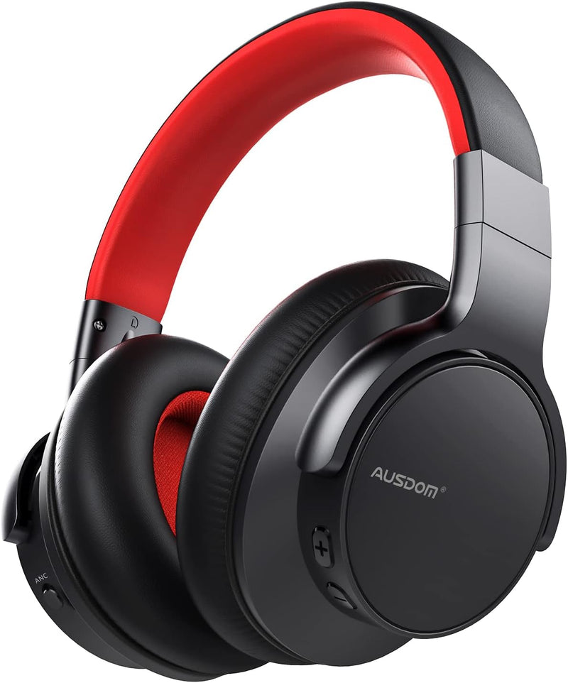 AUSDOM E7 Bluetooth Noise Cancelling Headphones, Microphone, 50Hr - Red/Black Like New