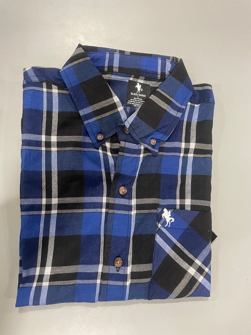 BLACK HORSE WOVEN PLAID SHIRT - SIZE MENS L - BLUE/LIGHT BLUE/VIOLET/BLACK/WHITE - Brand New