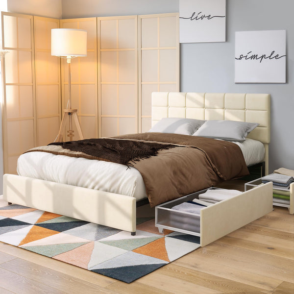 LIFE SKY LIFESKY QUEEN BED FRAME WITH STORAGE, UPHOLSTERED PLATFORM - WHITE - Like New