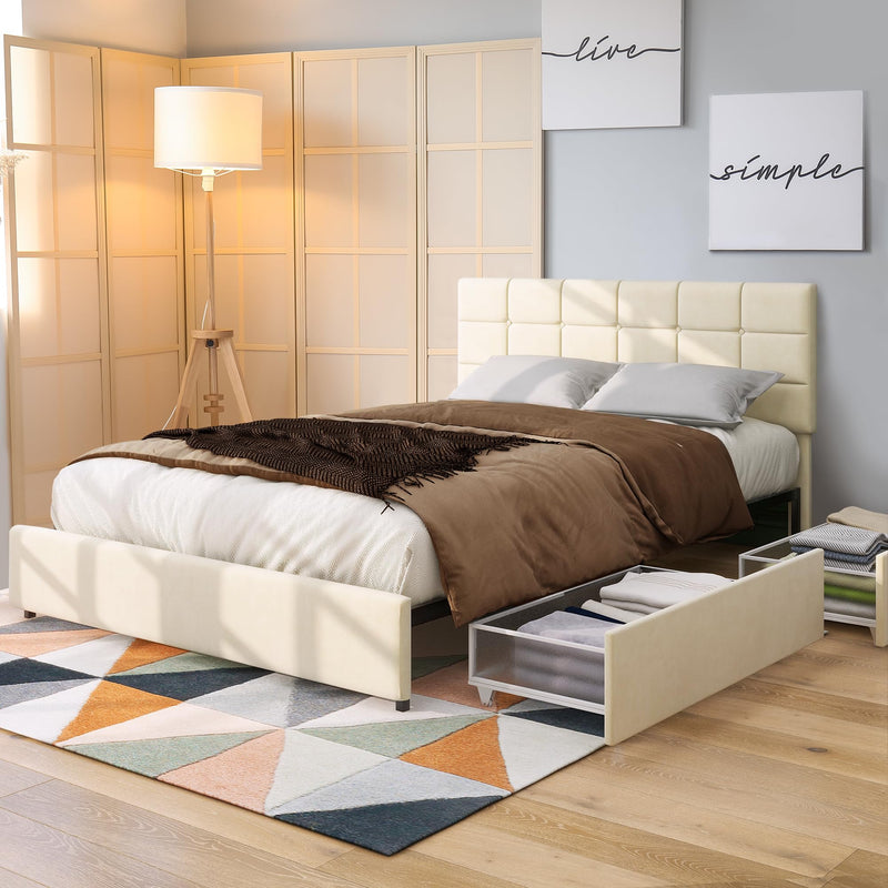 LIFE SKY LIFESKY QUEEN BED FRAME WITH STORAGE, UPHOLSTERED PLATFORM - WHITE - Like New