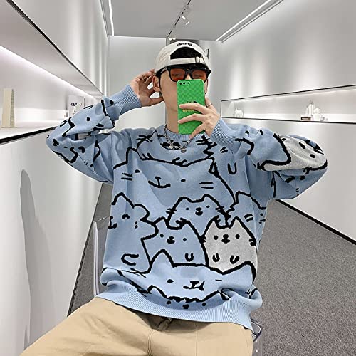 N&D Men's Oversized Cat Sweaters Crewneck Long Sleeve Cotton Cute Blue M - Like New