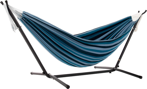 Vivere Double Cotton Hammock with Space Saving Steel Stand - Blue Lagoon Like New