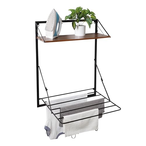 HONEY-CAN-DO DRY COMPACT COLLAPSIBLE RACK WITH SHELF BLACK/WALNUT DRY-10029 - Like New