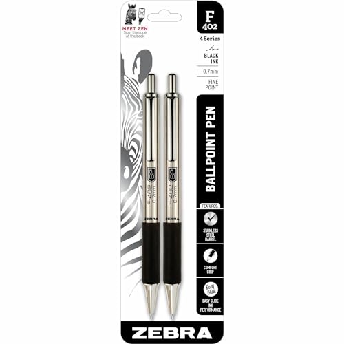 Zebra Pen F-402 Stainless Steel Retractable Ballpoint Ink Pens 2-Pack - BLACK - Brand New