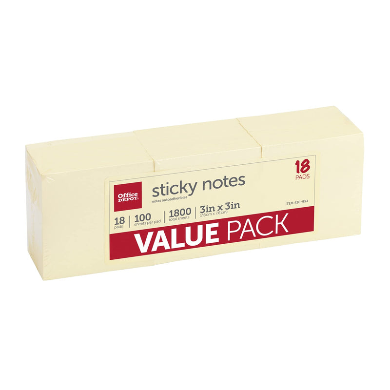 OFFICE DEPOT BRAND STICKY NOTES 3" X 3" 100 SHEETS PER PAD 18 PADS - NEW - Brand New