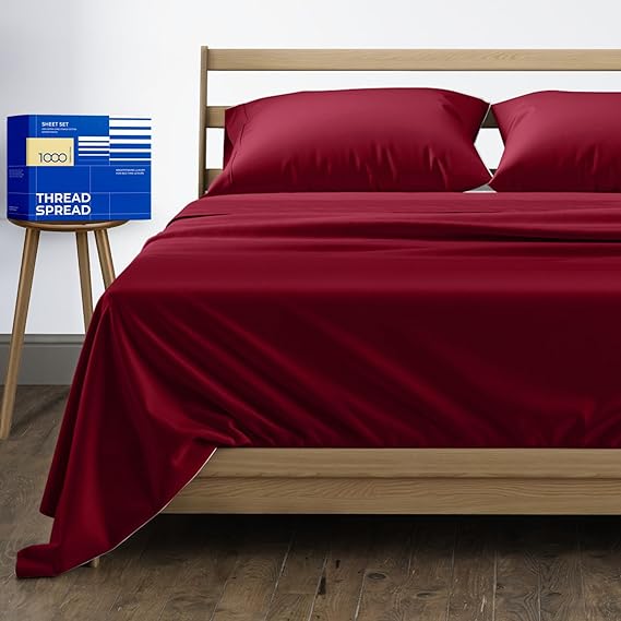 THREAD SPREAD Pure Egyptian King Size Cotton Bed Sheets Set - Burgundy - Like New