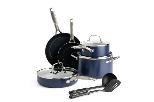 BLUE DIAMOND 10 PIECE COOKWARE SET DIAMOND INFUSED PFAS PFOA-FREE - BLUE - Like New